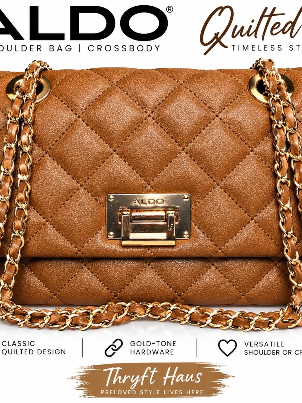 ALDO Brown Quilted Shoulder Bag Gold Chain Turn Lock Flap Crossbody Purse